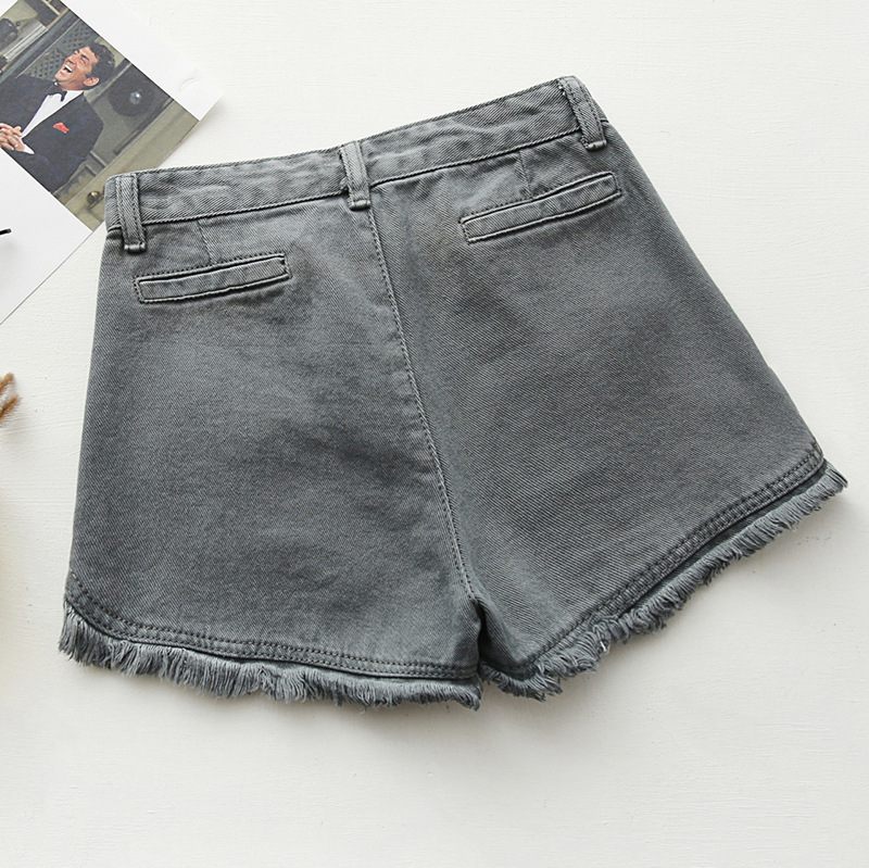 Slim Fit Snoep Kleur Denim Shorts Dames Ruwe Randen Kwastje Hotpants