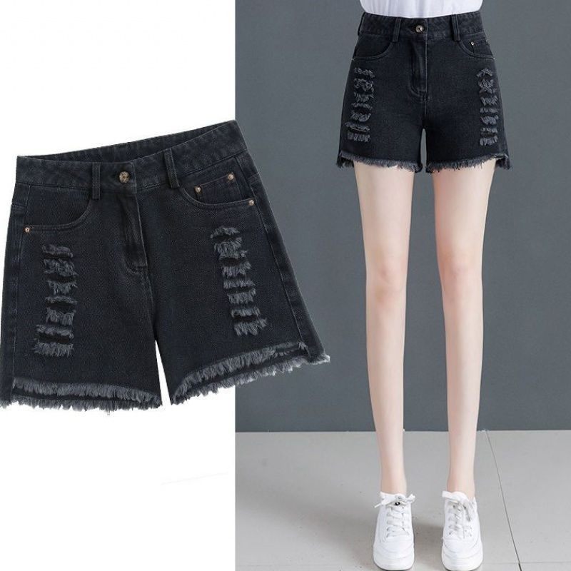 Zwarte Hoge Taille Denim Shorts Dames Losse Casual Gescheurde Dunne Sectie