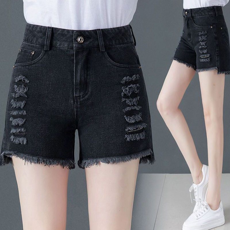 Zwarte Hoge Taille Denim Shorts Dames Losse Casual Gescheurde Dunne Sectie