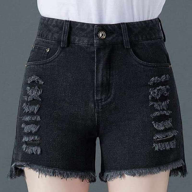 Zwarte Hoge Taille Denim Shorts Dames Losse Casual Gescheurde Dunne Sectie