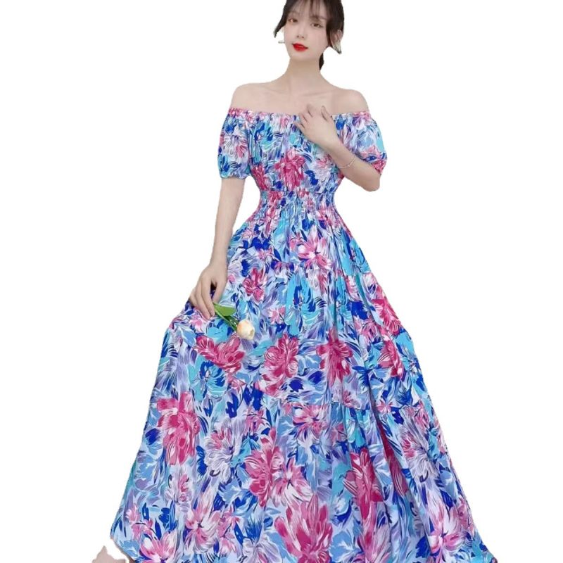 Strapless Gebloemde Jurk Met Één Hals 2024 Pastorale Lange Rok Met Korte Mouwen