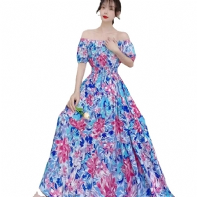 Strapless Gebloemde Jurk Met Één Hals 2024 Pastorale Lange Rok Met Korte Mouwen