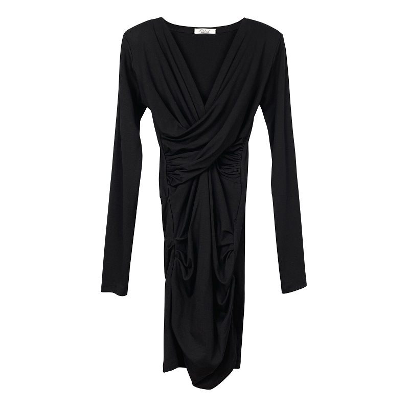 V-hals Plooien Taille Wrap Heupen Jurk Met Lange Mouwen Sexy Elegant