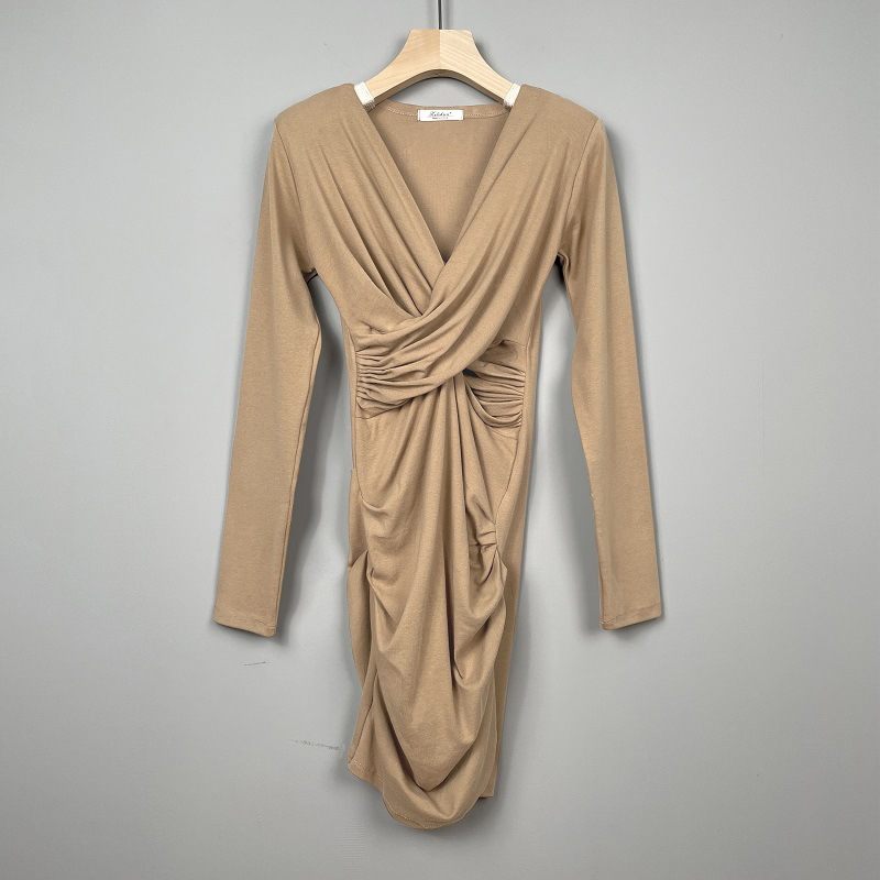 V-hals Plooien Taille Wrap Heupen Jurk Met Lange Mouwen Sexy Elegant