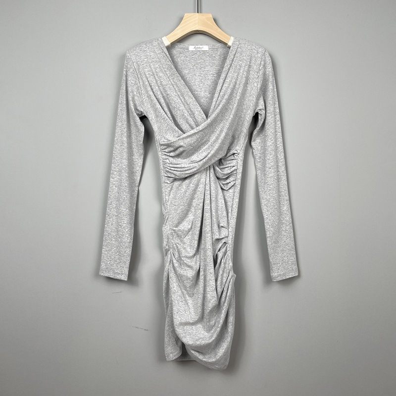 V-hals Plooien Taille Wrap Heupen Jurk Met Lange Mouwen Sexy Elegant