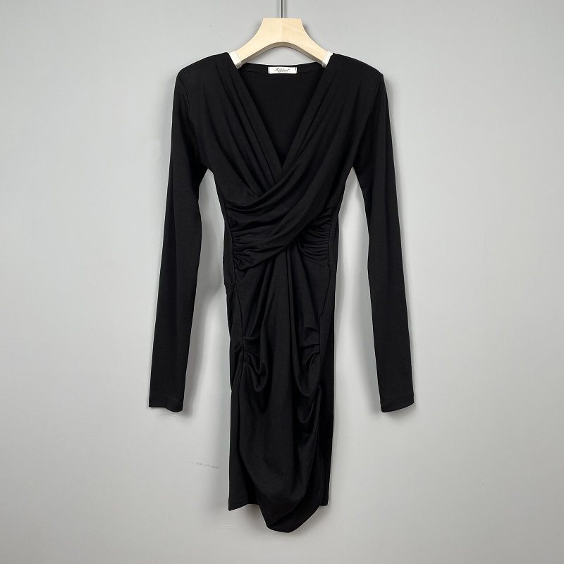 V-hals Plooien Taille Wrap Heupen Jurk Met Lange Mouwen Sexy Elegant