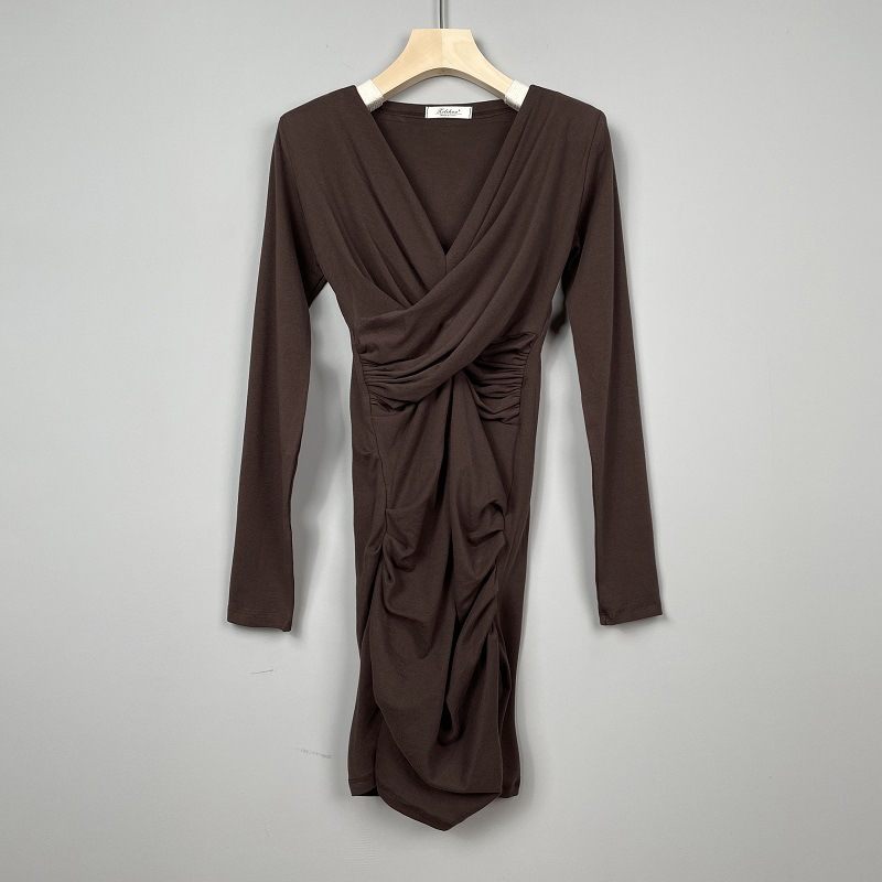 V-hals Plooien Taille Wrap Heupen Jurk Met Lange Mouwen Sexy Elegant