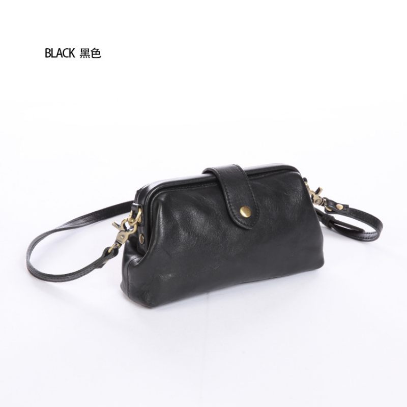 2024 Nieuwe Lederen Damestas Koeienhuid Clip Bag Casual Plantaardig Gelooid Leer Box Bag Mond Goud Mini Messenger Bag