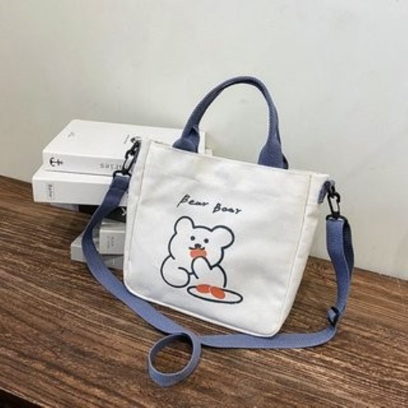 Nieuwe Zomer Canvas Kleine Tas Meisje 2024 Mode Een Schouder Tas Leuke Dieren Diagonale Vierkante Tas