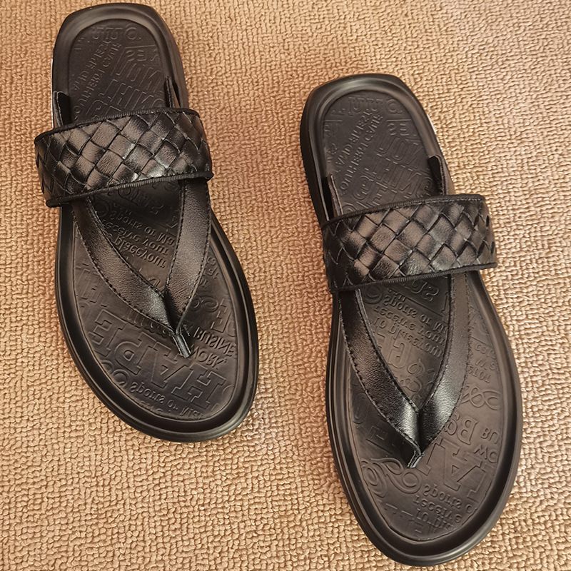 2024 Zomer Nieuwe Mannen Lederen Slippers Strand Schoenen Geweven Retro Sandalen Mannelijke