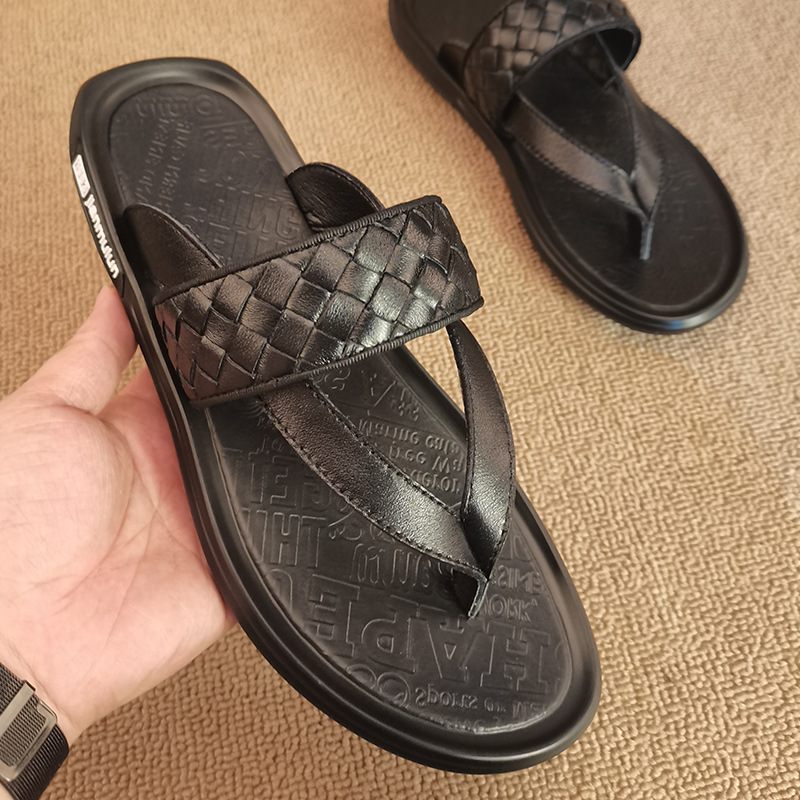 2024 Zomer Nieuwe Mannen Lederen Slippers Strand Schoenen Geweven Retro Sandalen Mannelijke