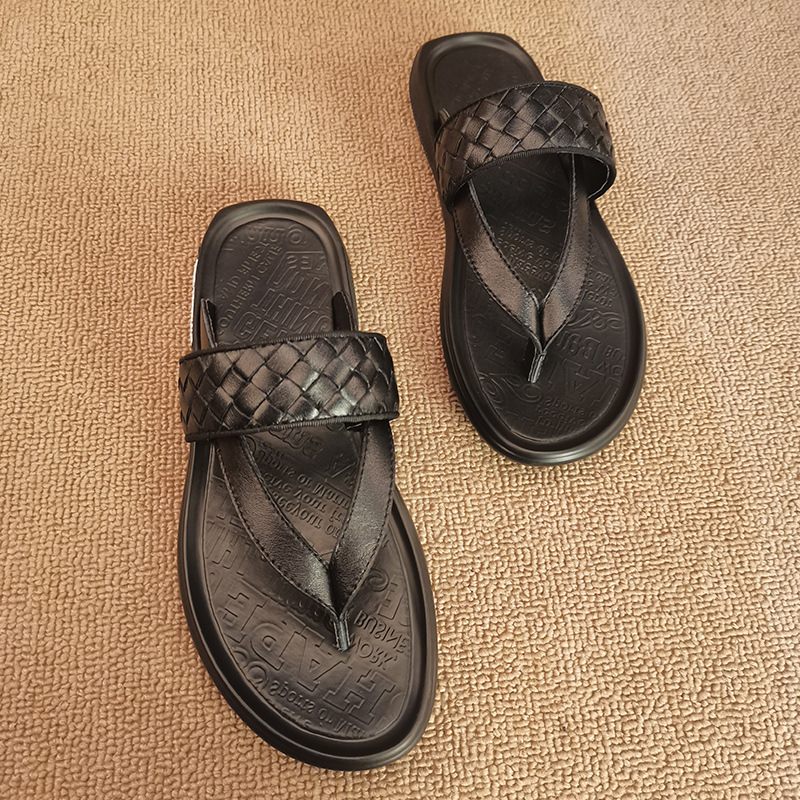 2024 Zomer Nieuwe Mannen Lederen Slippers Strand Schoenen Geweven Retro Sandalen Mannelijke