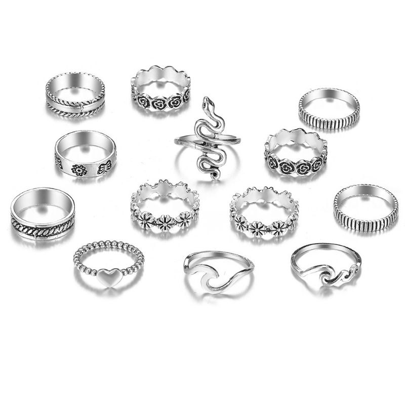 Gepersonaliseerde Overdreven Slangvormige Joint Ring Retro Bloem Liefde Geometrische Set 13 Stuks