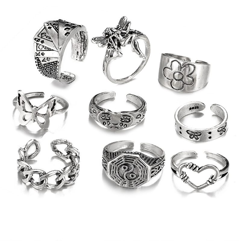 Gepersonaliseerde Overdreven Slangvormige Joint Ring Retro Bloem Liefde Geometrische Set 13 Stuks