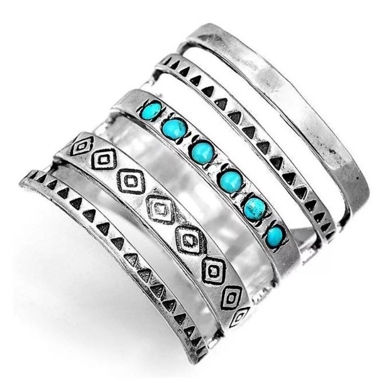 Nieuwe Bohemen Gegraveerde Ring Holle Vintage Blauwe Turquoise