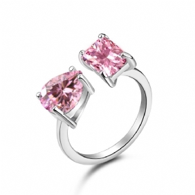 S925 Sterling Zilveren Ring Vrouwelijke Waterdruppel Mode Rij Diamanten Schattige Perzik Hart Temperament Vierkante Roze High Carbon