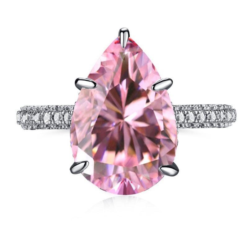 S925 Sterling Zilveren Ring Vrouwelijke Waterdruppel Mode Rij Diamanten Schattige Perzik Hart Temperament Vierkante Roze High Carbon