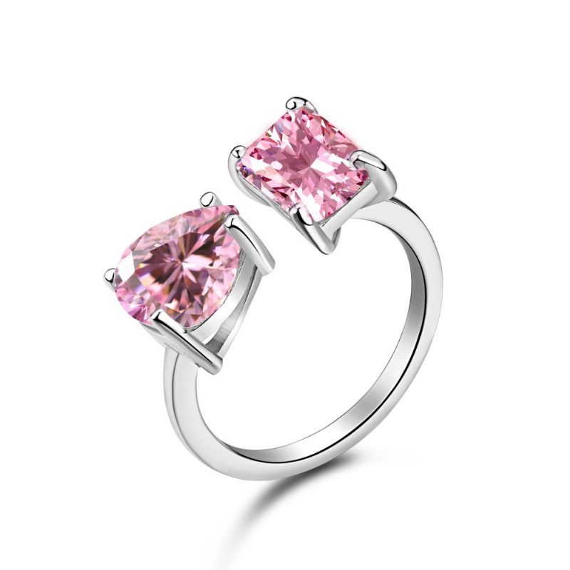 S925 Sterling Zilveren Ring Vrouwelijke Waterdruppel Mode Rij Diamanten Schattige Perzik Hart Temperament Vierkante Roze High Carbon