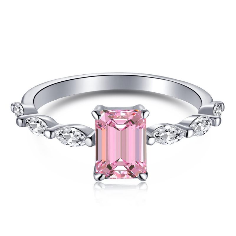 S925 Sterling Zilveren Ring Vrouwelijke Waterdruppel Mode Rij Diamanten Schattige Perzik Hart Temperament Vierkante Roze High Carbon