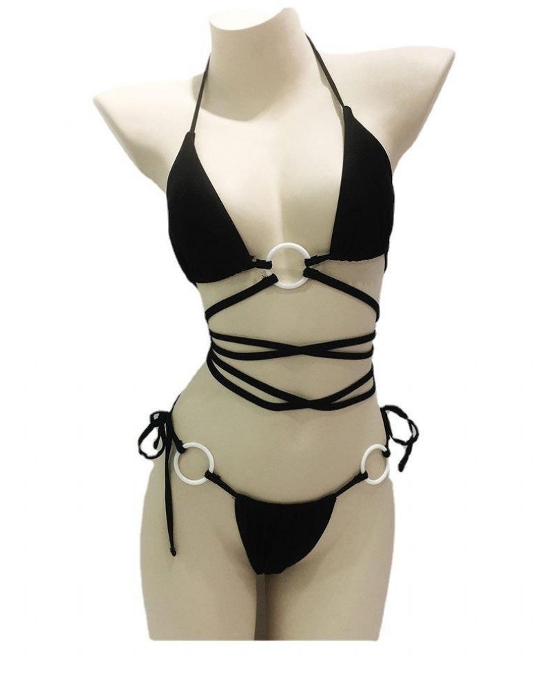 2024 Nieuw Gesplitst Badpak Sexy Bikini Effen Zwempak Met Hoge Taille En Stropdas