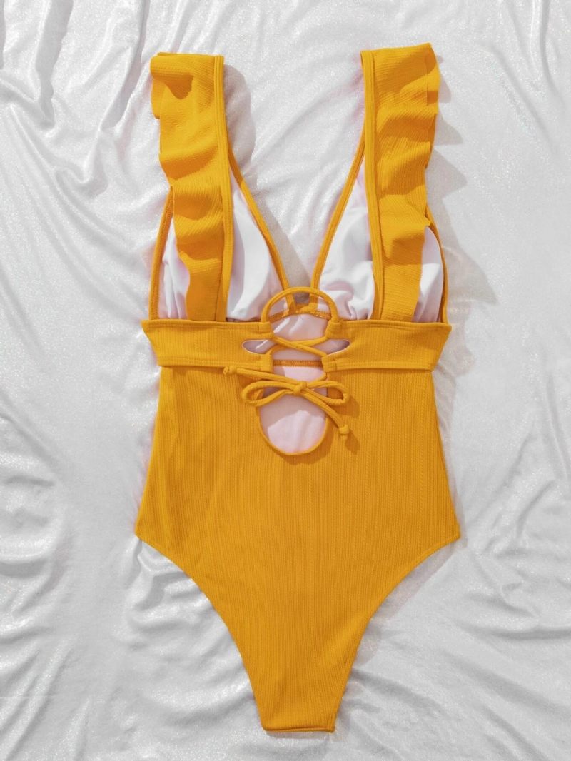 2024 Nieuwe Bikini Diepe V-schouderriem Uit Één Stuk Gegolfde Strakke Sexy Backless Badpak Dames