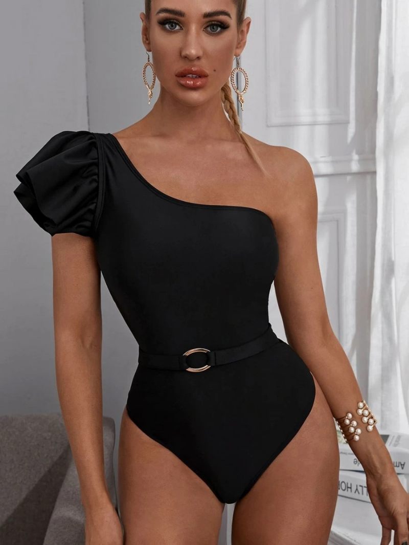 2024 Nieuwe Sexy Bikini Vrouwelijke Zwarte One-shoulder Riem Decoratie Eendelig Badpak Slank