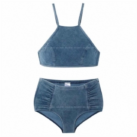 Badpak Vrouwen Split Denim Halternek Hoge Taille Bikini Sexy