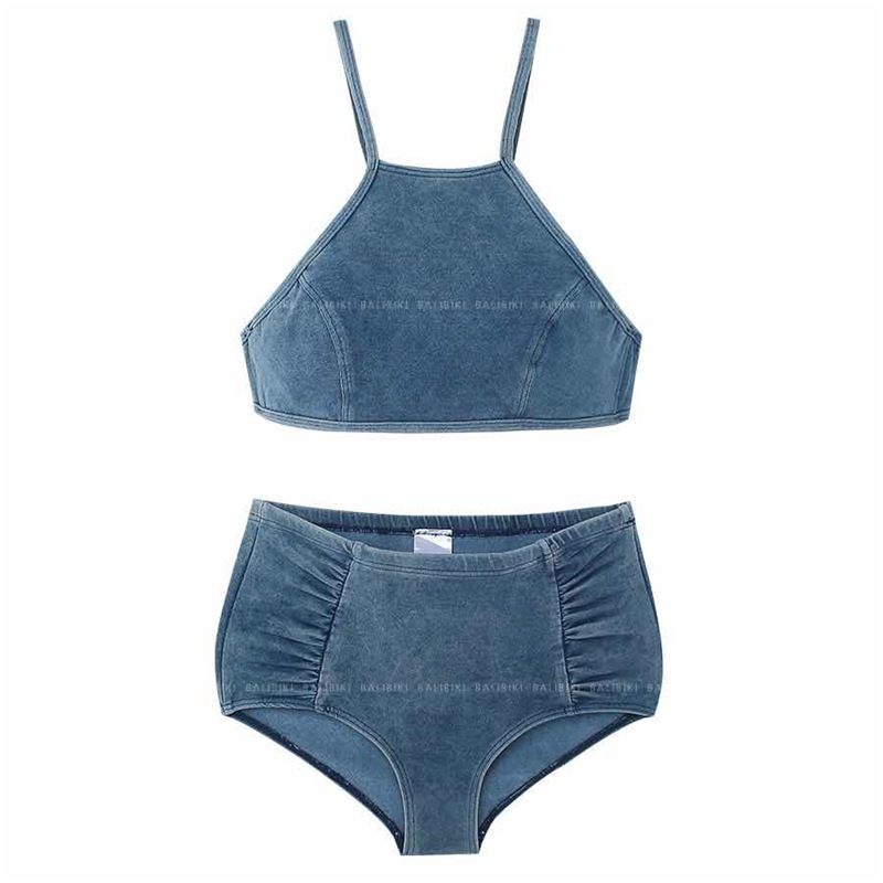 Badpak Vrouwen Split Denim Halternek Hoge Taille Bikini Sexy