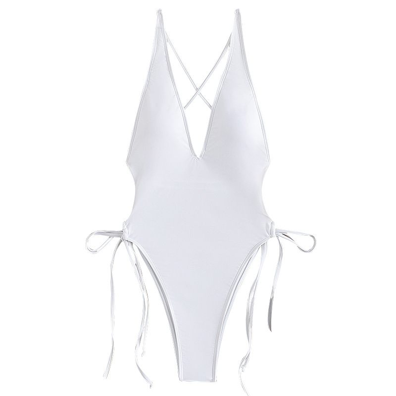 Pure Kleur V-hals Bikini Eendelig Sexy Badpak Dames 2024 Nieuw Driehoekig Zwempak Met Hoge Taille