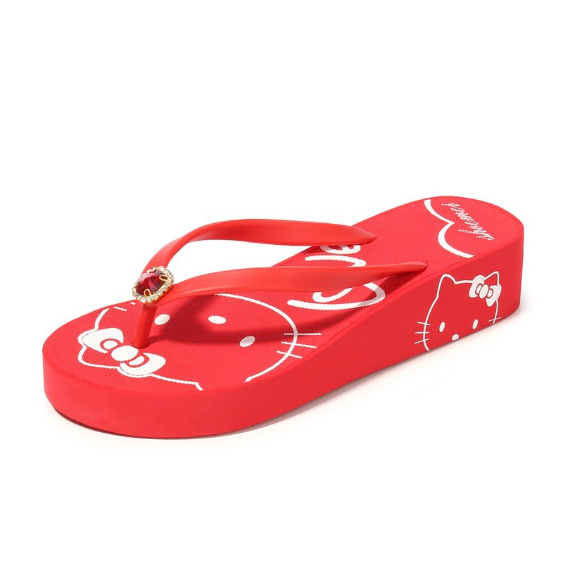 2024 Creatieve Nieuwe Vrouwen Hello Kitty Leuke Mid-hak Slippers Strass Zomer Wedge Sandalen Schoenen