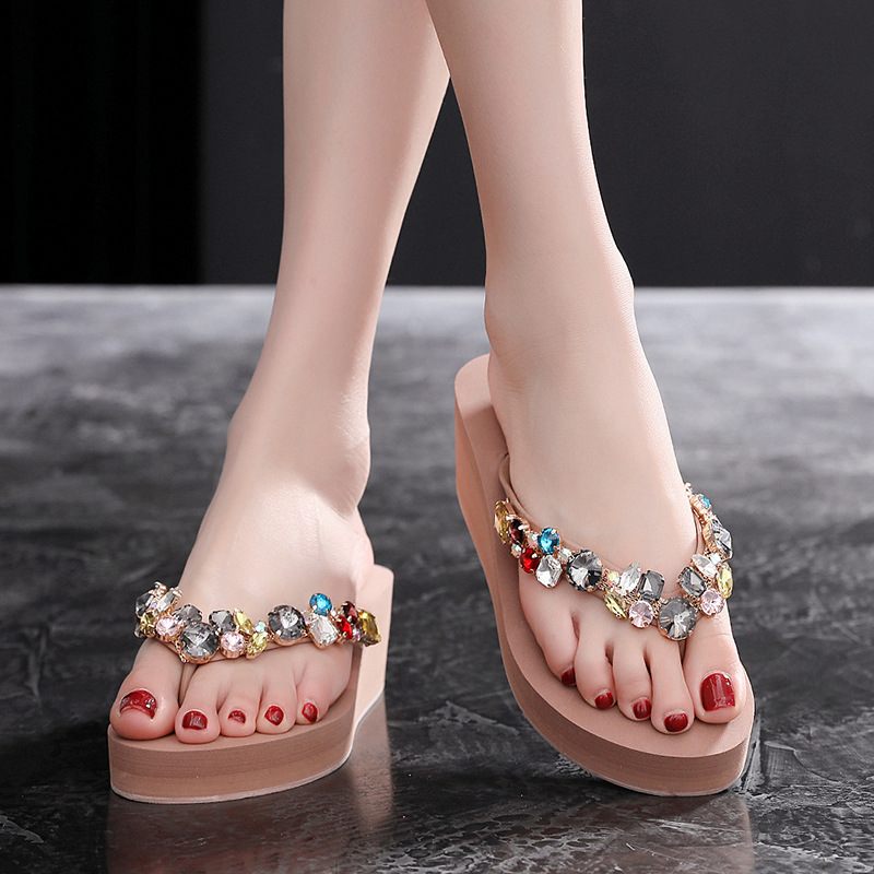 2024 Nieuwe Blingbling Strass Slippers Vrouwelijke Hand Genaaid Dikke Bodem Antislip Sandalen Schoenen