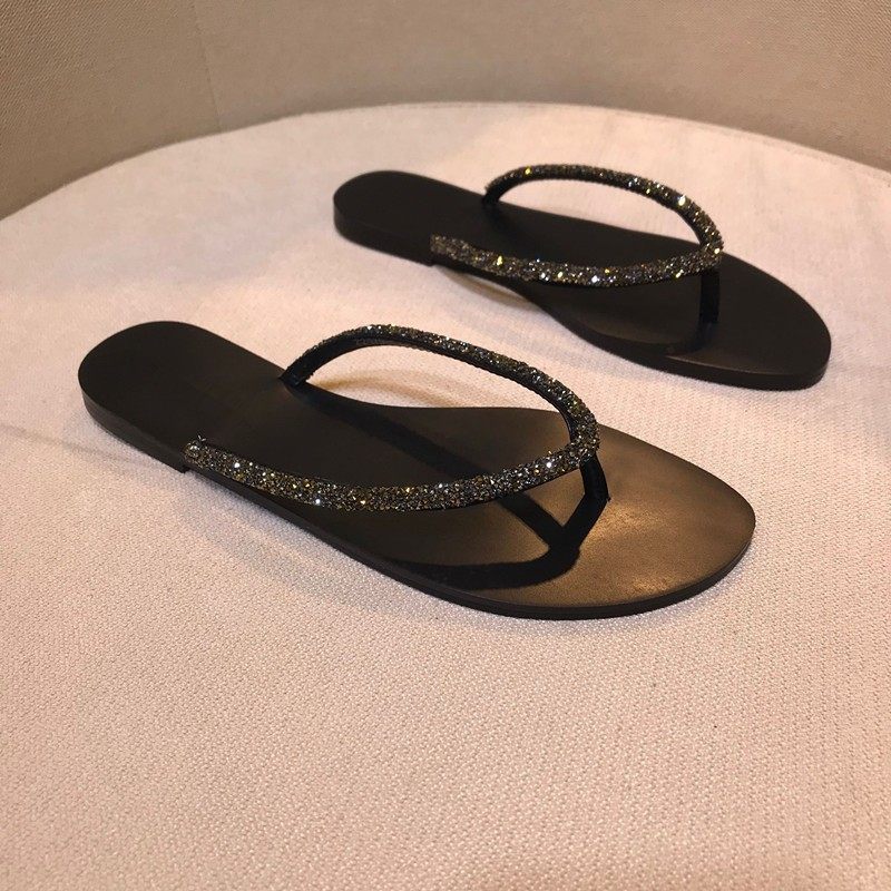 2024 Zomer Nieuwe Mode Strass Slippers Platte Teenslippers Schoenen Grote Maat Sandalen Vrouwen