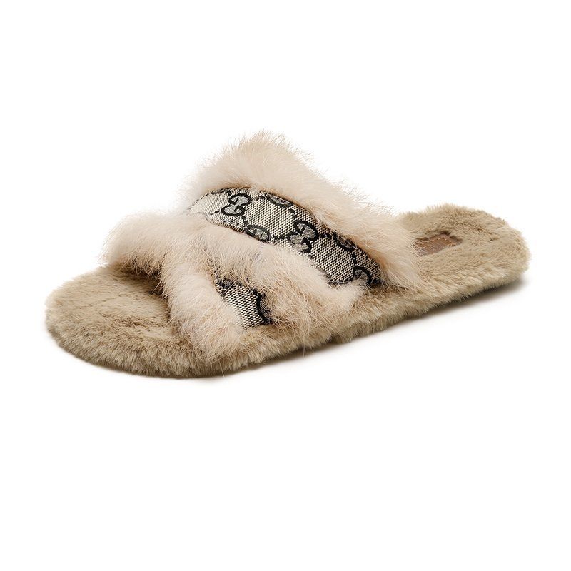 Dames Herfst En Winter Nieuwe Warm Echt Konijnenbont Indoor Flat Home Katoen Slippers