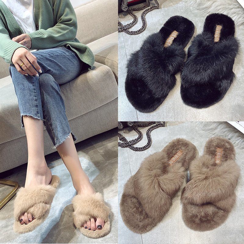 Dames Herfst En Winter Nieuwe Warm Echt Konijnenbont Indoor Flat Home Katoen Slippers