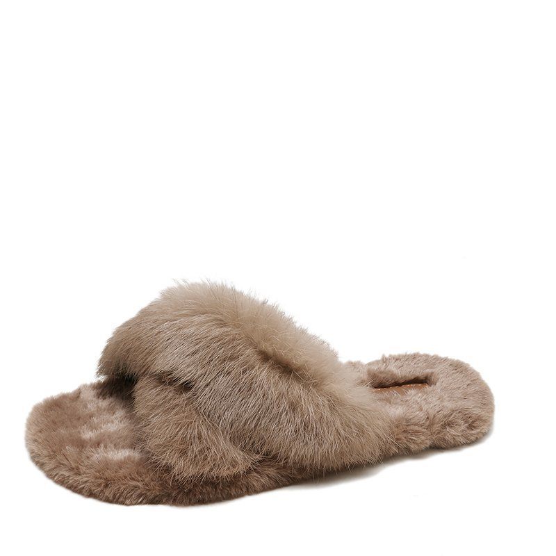 Dames Herfst En Winter Nieuwe Warm Echt Konijnenbont Indoor Flat Home Katoen Slippers