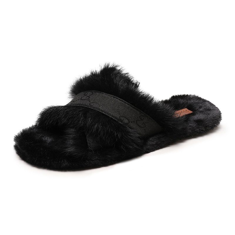 Dames Herfst En Winter Nieuwe Warm Echt Konijnenbont Indoor Flat Home Katoen Slippers