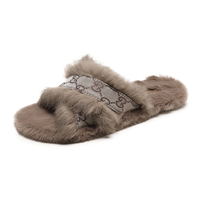 Dames Herfst En Winter Nieuwe Warm Echt Konijnenbont Indoor Flat Home Katoen Slippers