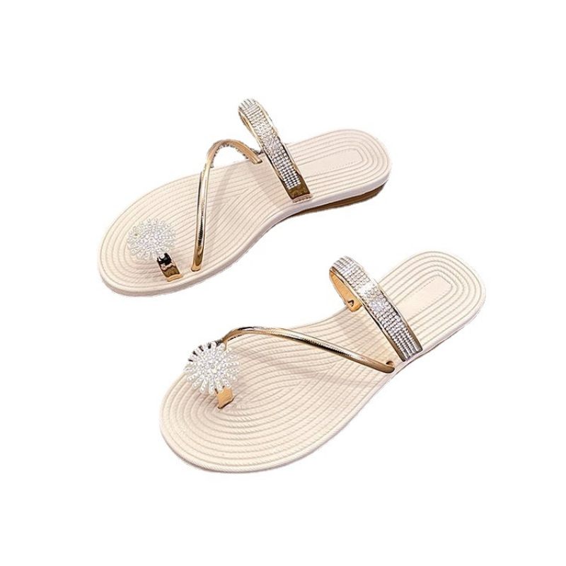 Mode Sandalen Slipper Schoenen Vrouwen 2024 Zomer Nieuwe Vakantie Strass Platte Romeinse