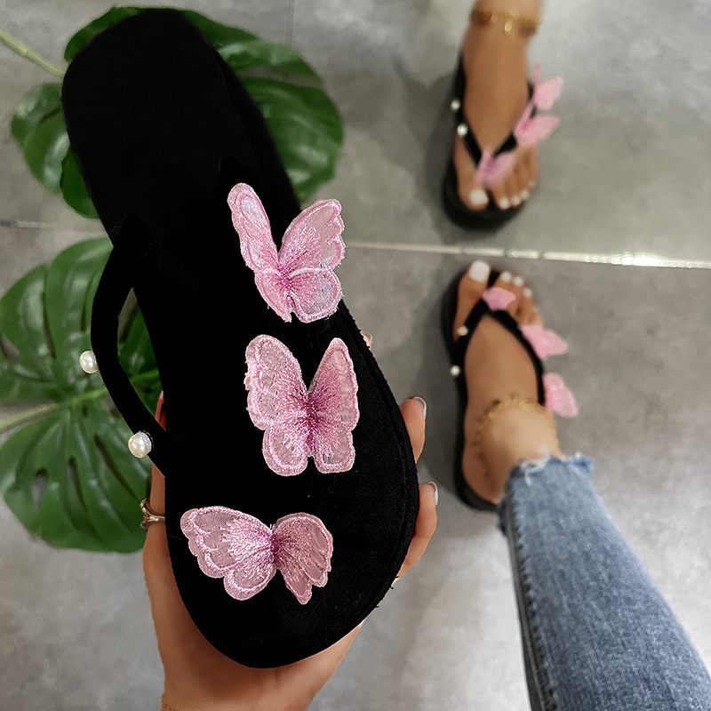 Nieuwe Butterfly Flip-flops Dames Dikke Bodem Wedge Een Woord Riem Parel Grote Maten Strand Sandalen Slippers