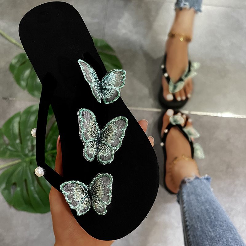 Nieuwe Butterfly Flip-flops Dames Dikke Bodem Wedge Een Woord Riem Parel Grote Maten Strand Sandalen Slippers