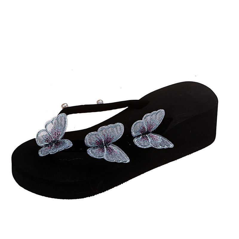 Nieuwe Butterfly Flip-flops Dames Dikke Bodem Wedge Een Woord Riem Parel Grote Maten Strand Sandalen Slippers