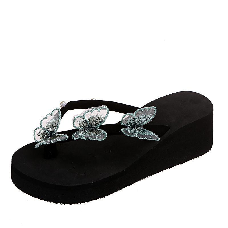 Nieuwe Butterfly Flip-flops Dames Dikke Bodem Wedge Een Woord Riem Parel Grote Maten Strand Sandalen Slippers