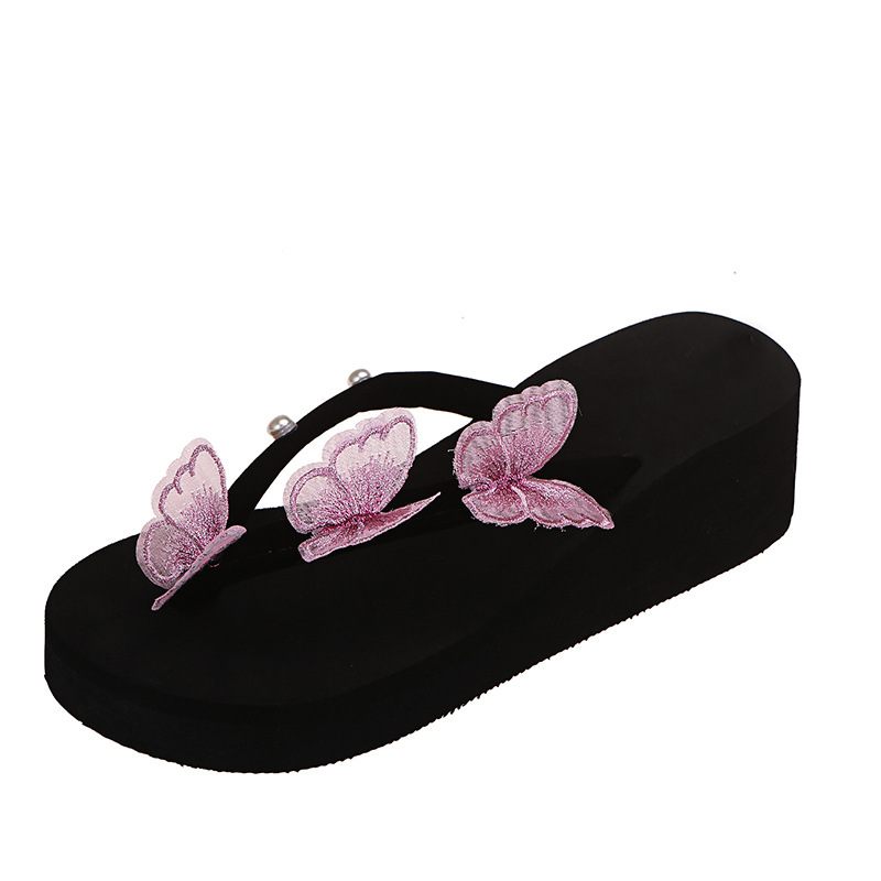 Nieuwe Butterfly Flip-flops Dames Dikke Bodem Wedge Een Woord Riem Parel Grote Maten Strand Sandalen Slippers