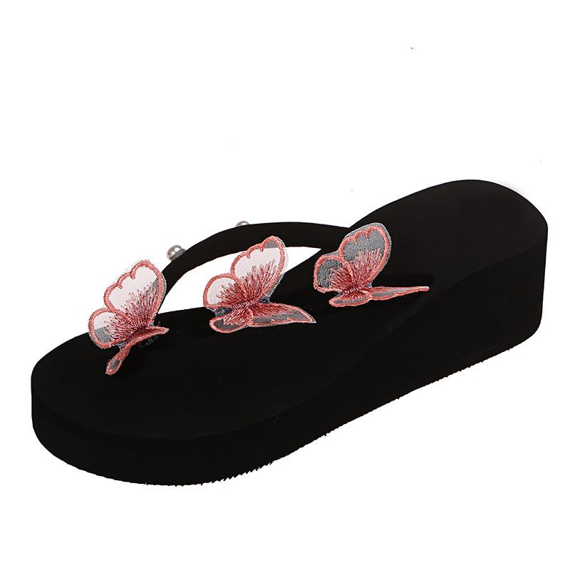 Nieuwe Butterfly Flip-flops Dames Dikke Bodem Wedge Een Woord Riem Parel Grote Maten Strand Sandalen Slippers