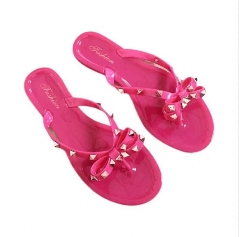 Nieuwe Stijl Klinknagel Schoenen Strik Slippers Zomer Strand Platte Transparante Gelei Kristal Vrouwen