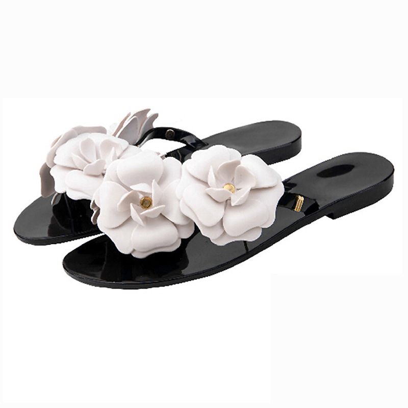 Nieuwe Zomer Camellia Slippers Platte Bodem Jelly Dames Antislip Kleine Geur Bloem Strand Sandalen