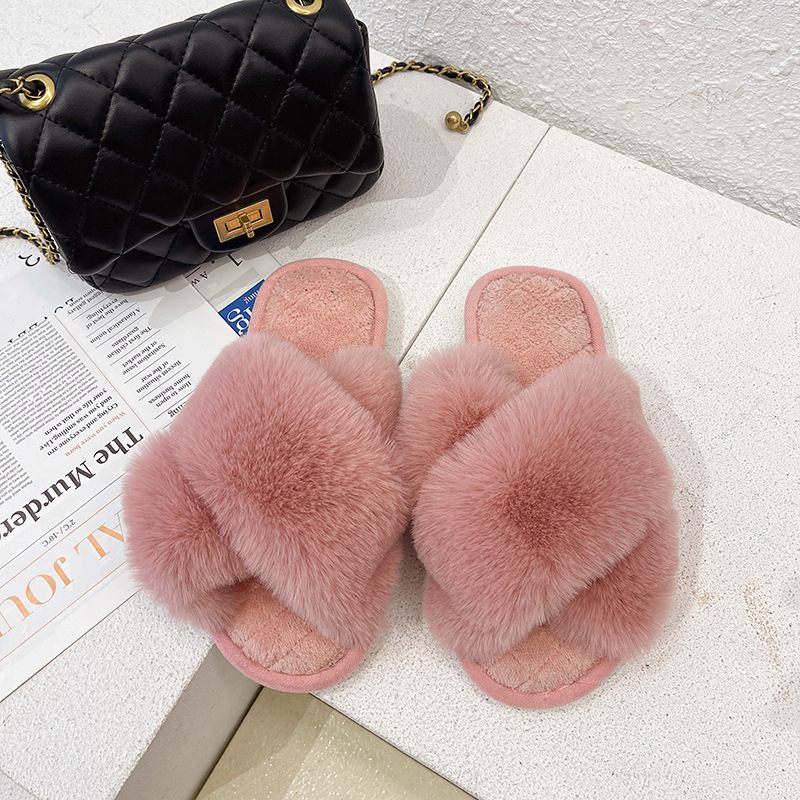 Pantoffels Winter Pluche Kruisband Sleepkatoen Indoor Warm Vrouwelijk Woord Lang Haar