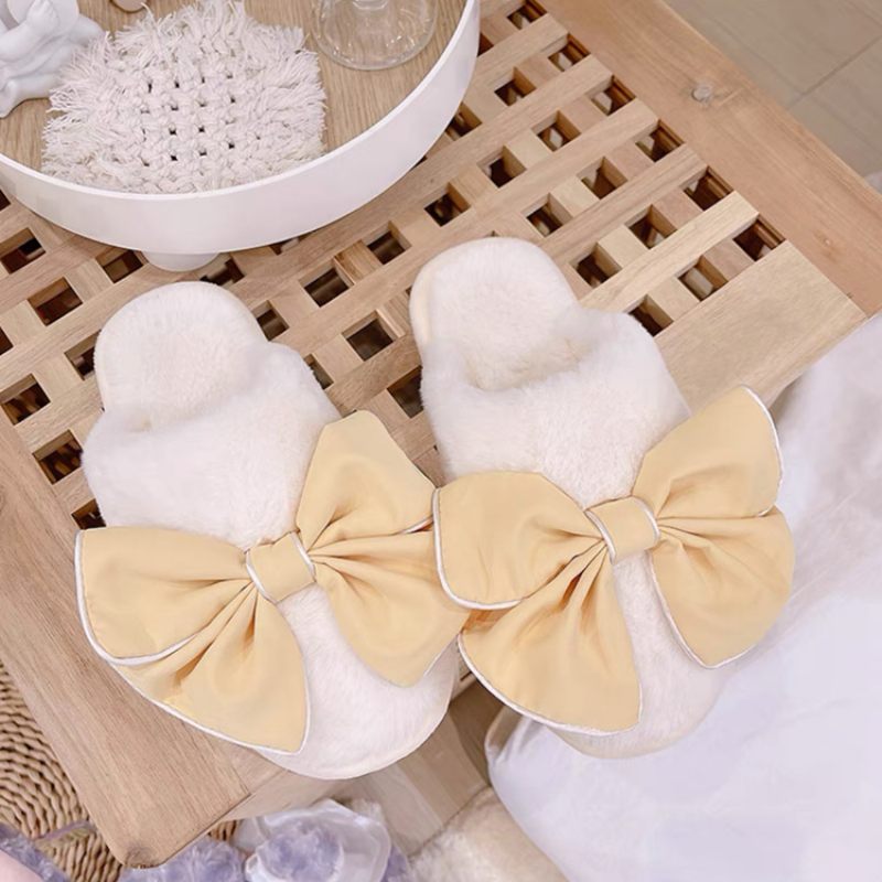 Winter Cute Bowknot Home Heren Indoor En Katoenen Pantoffels Dames Antislip Warm Outdoor Furry Couple