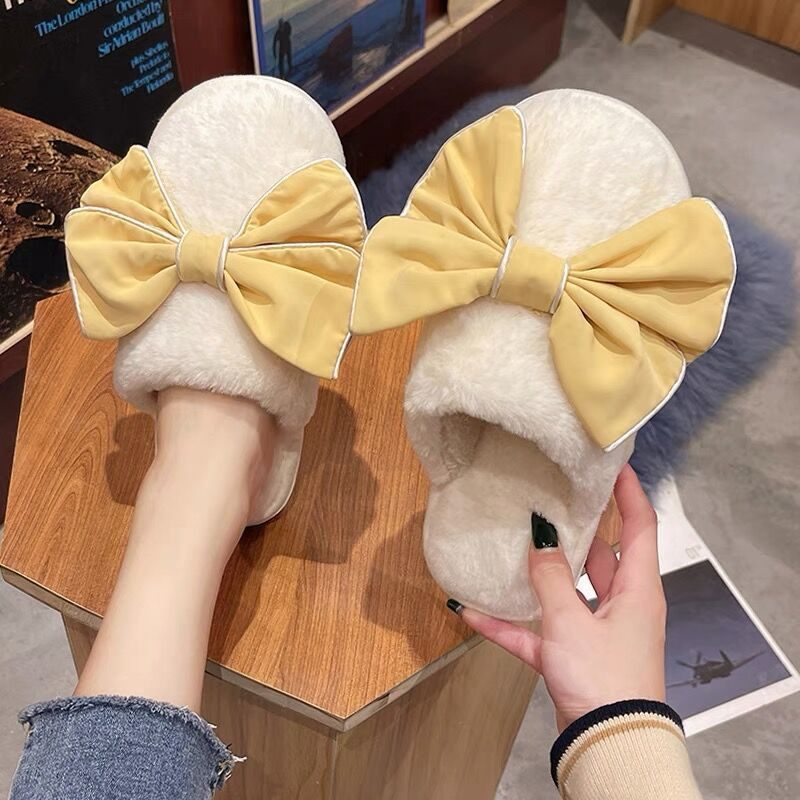 Winter Cute Bowknot Home Heren Indoor En Katoenen Pantoffels Dames Antislip Warm Outdoor Furry Couple