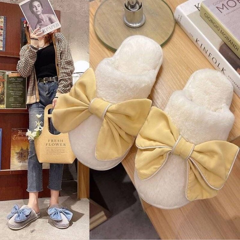 Winter Cute Bowknot Home Heren Indoor En Katoenen Pantoffels Dames Antislip Warm Outdoor Furry Couple